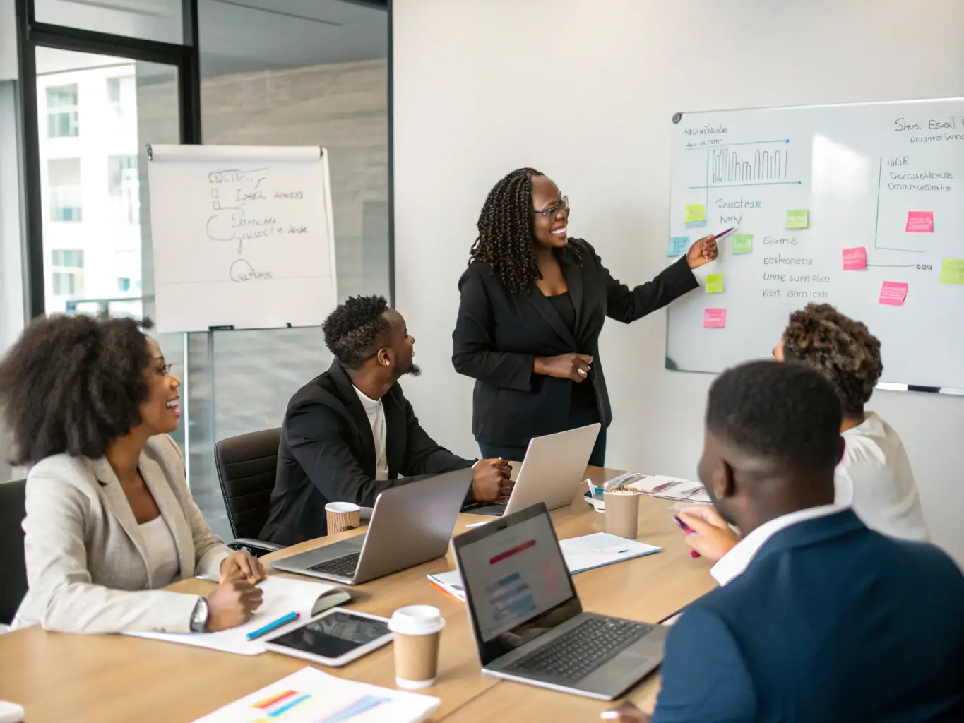 An image of a coach guiding a group of creative entrepreneurs in a modern studio environment, with vibrant artwork and collaborative workspace, representing the Creative Leadership Coaching service.