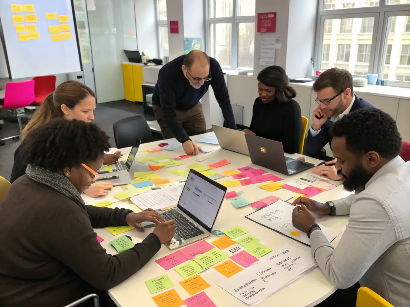A group of creative professionals engaged in a dynamic workshop, brainstorming around a table with colourful charts and laptops, representing the Business Strategy Workshops service.