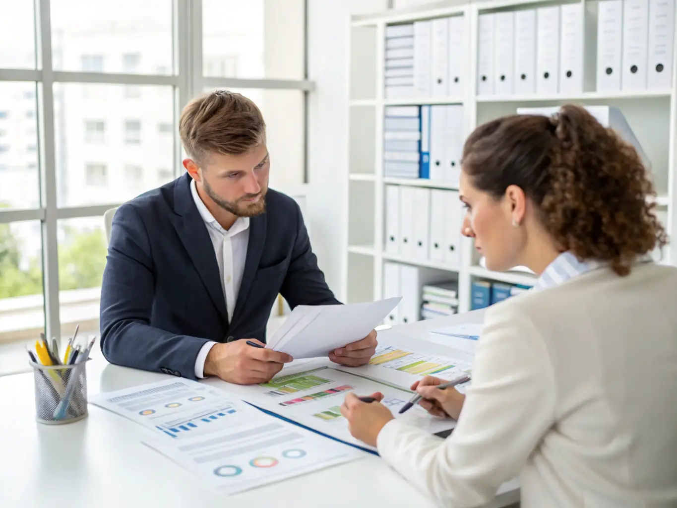 A professional business coach in a modern office setting, reviewing financial documents and discussing strategy with a client, symbolizing personalized business coaching.