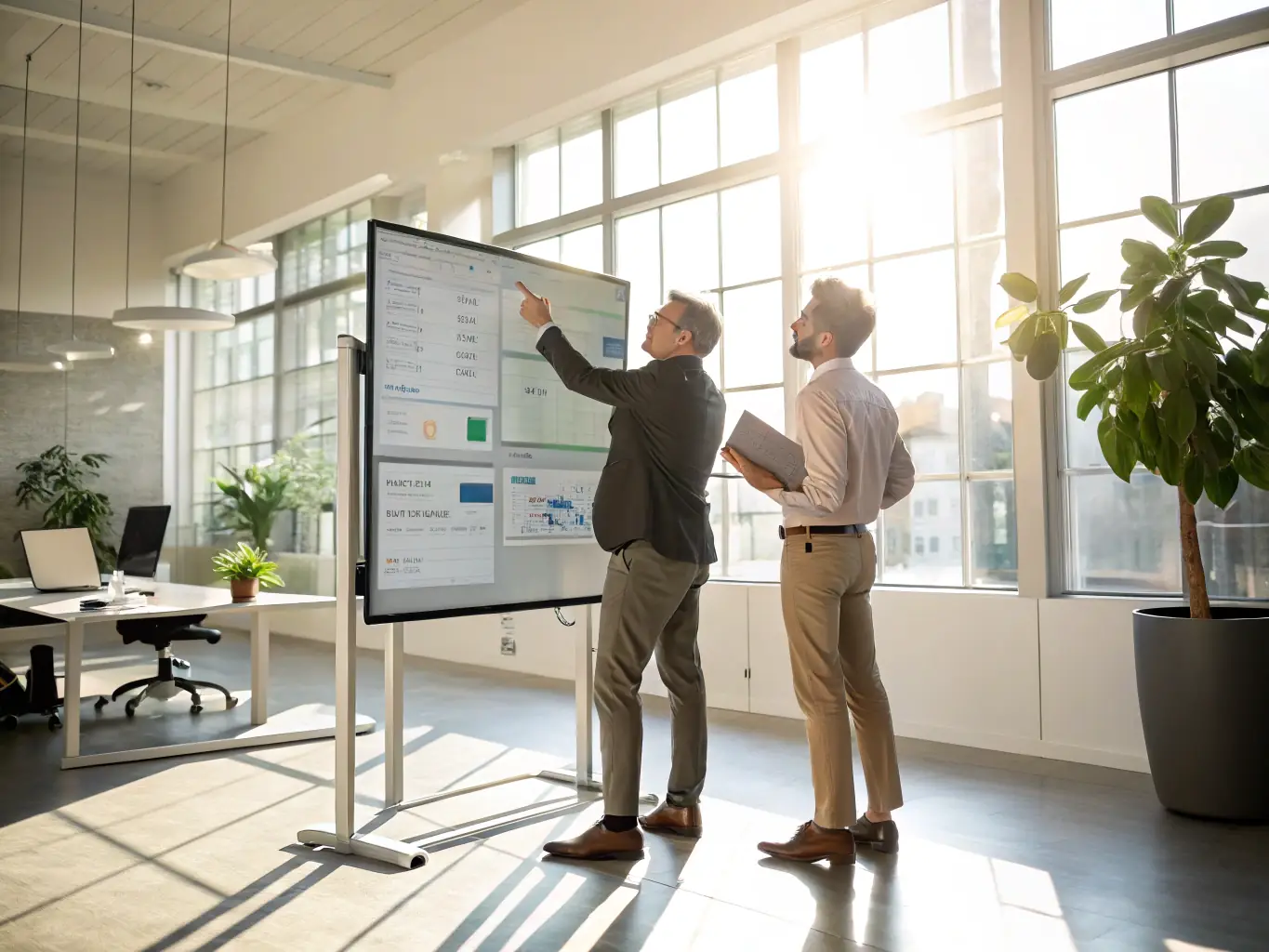 A business coach working with a creative entrepreneur in a modern office setting, discussing business strategy and goals, with a focus on creative solutions.