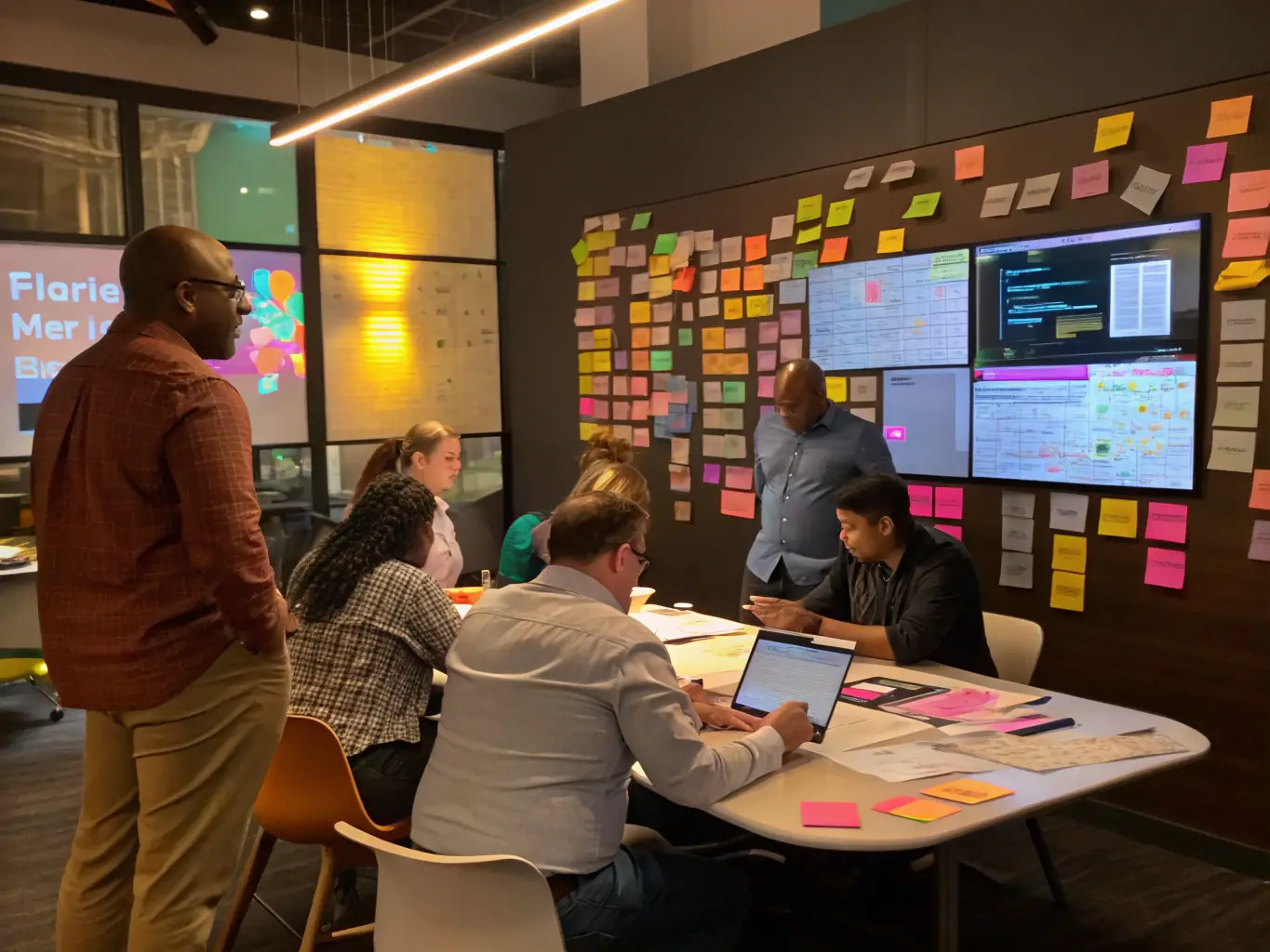 A group of creative professionals participating in a business strategy workshop, brainstorming ideas and collaborating on business plans.
